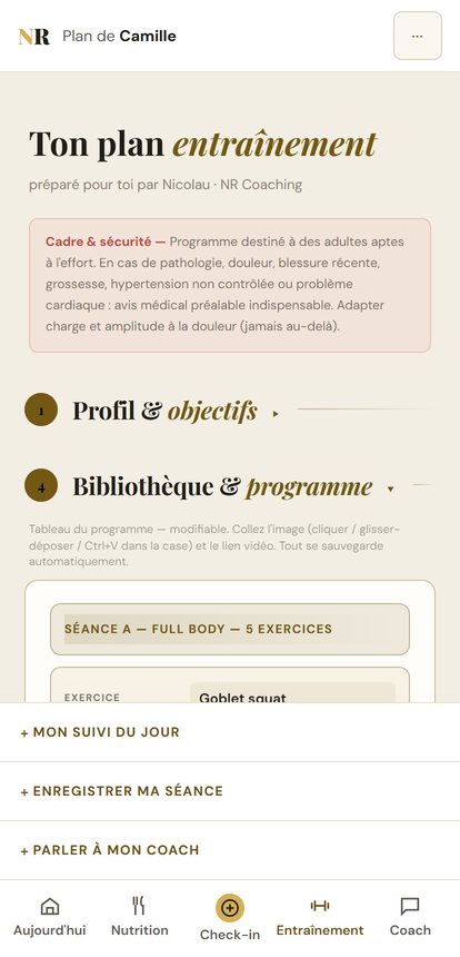 Capture de l'espace client : le plan d'entraînement, avec le cadre de sécurité et la séance détaillée